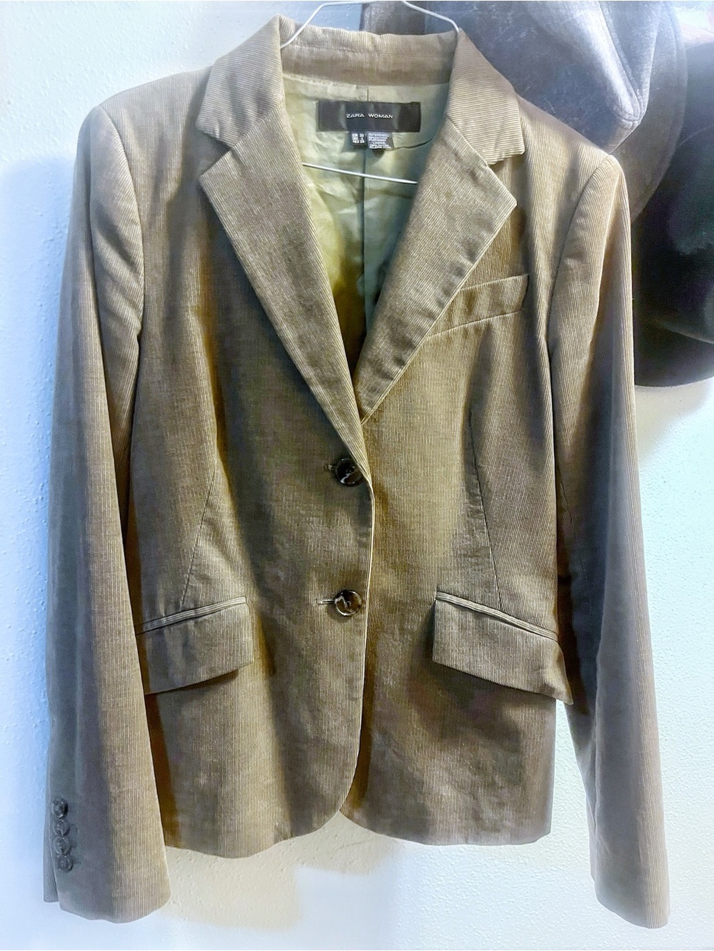 Zara Green Military Brown Corduroy Blazer Jacket Two Button Small 18” p2p EUC